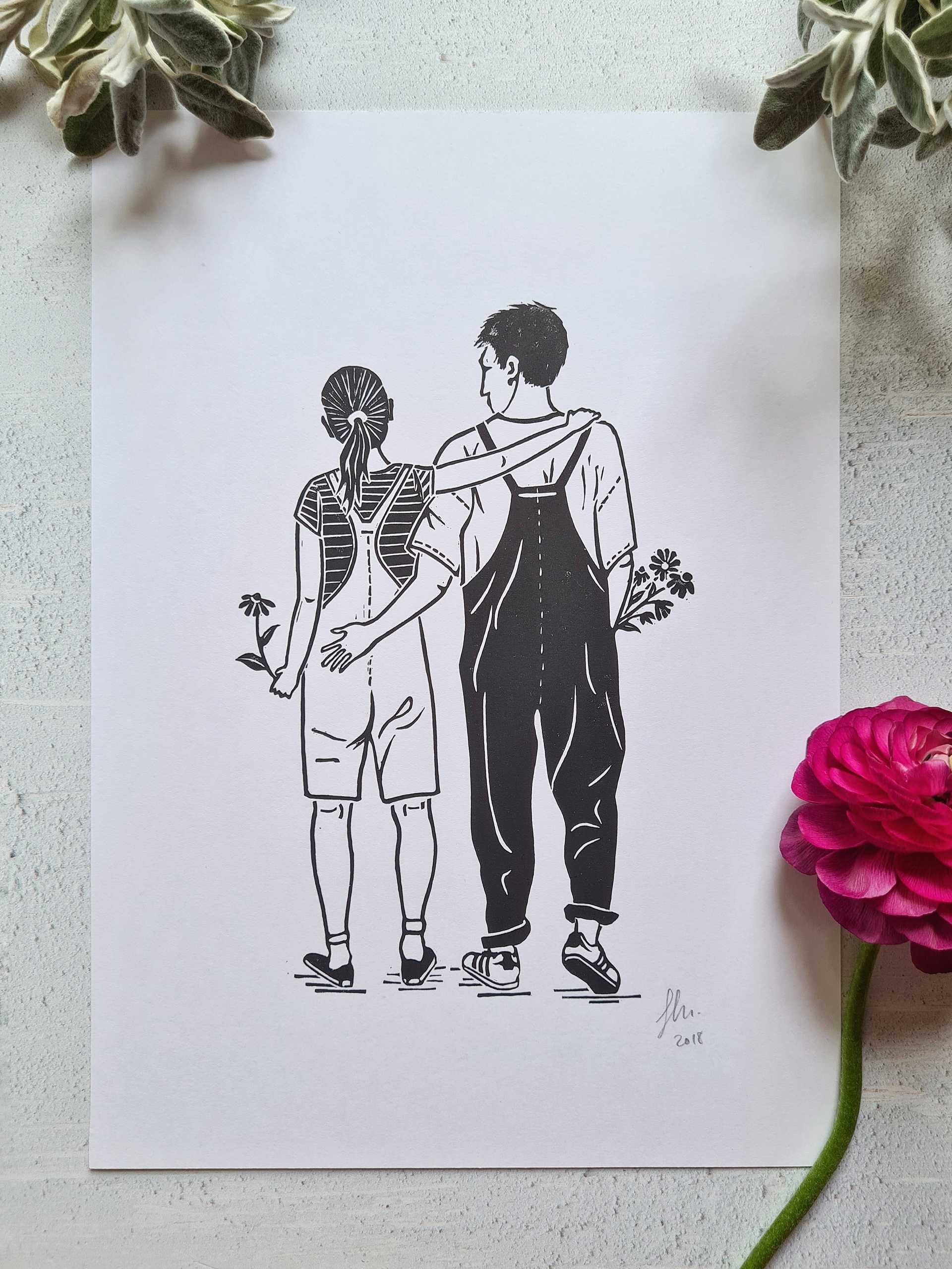 Flower Power Couple Lino Print