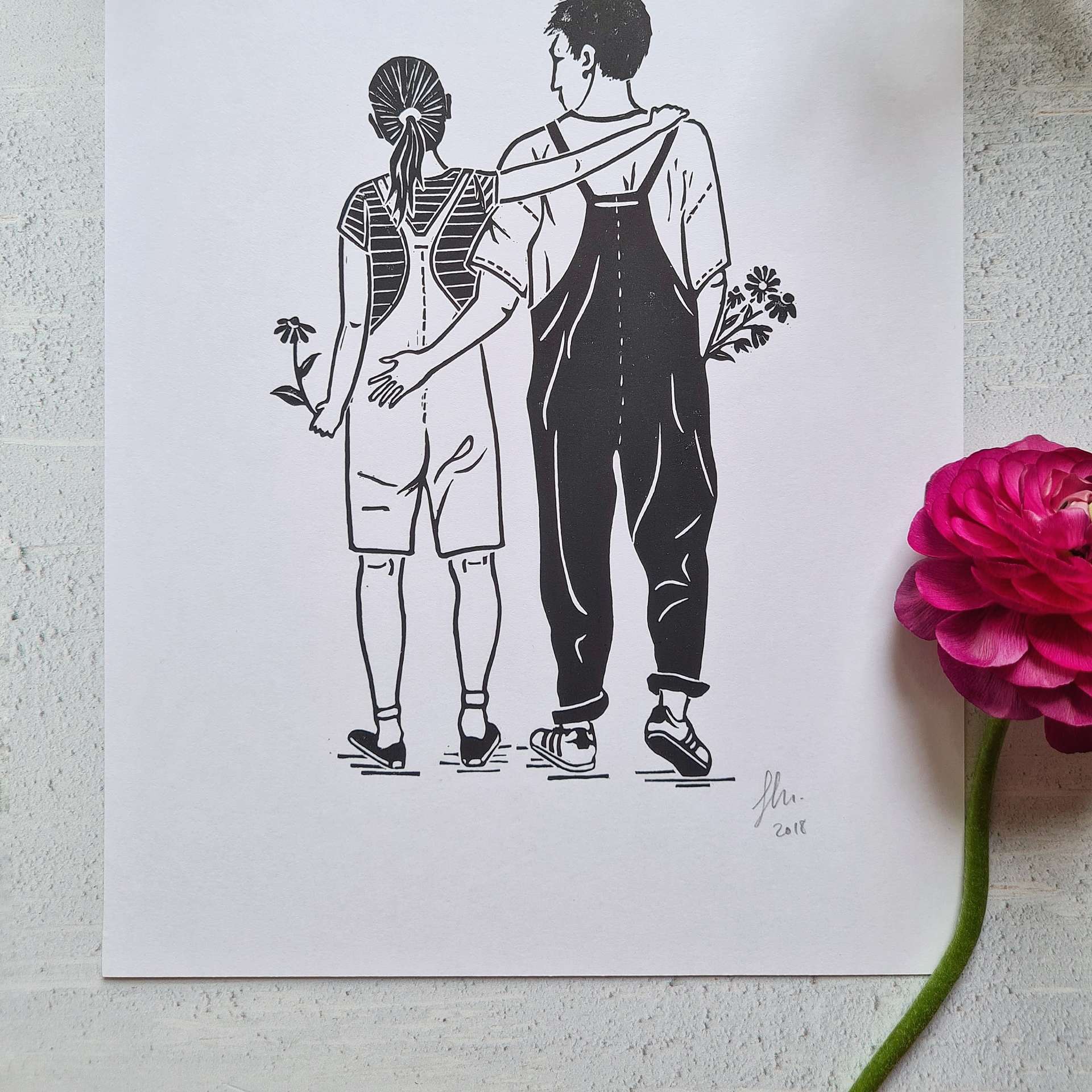 Flower Power Couple Lino Print