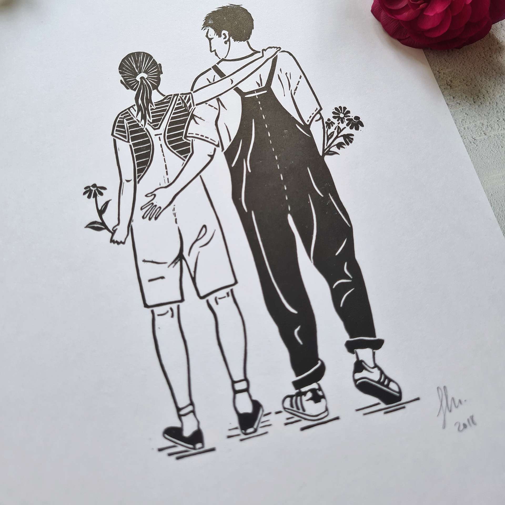 Flower Power Couple Lino Print