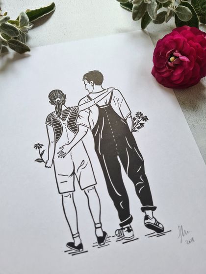 Flower Power Couple Lino Print