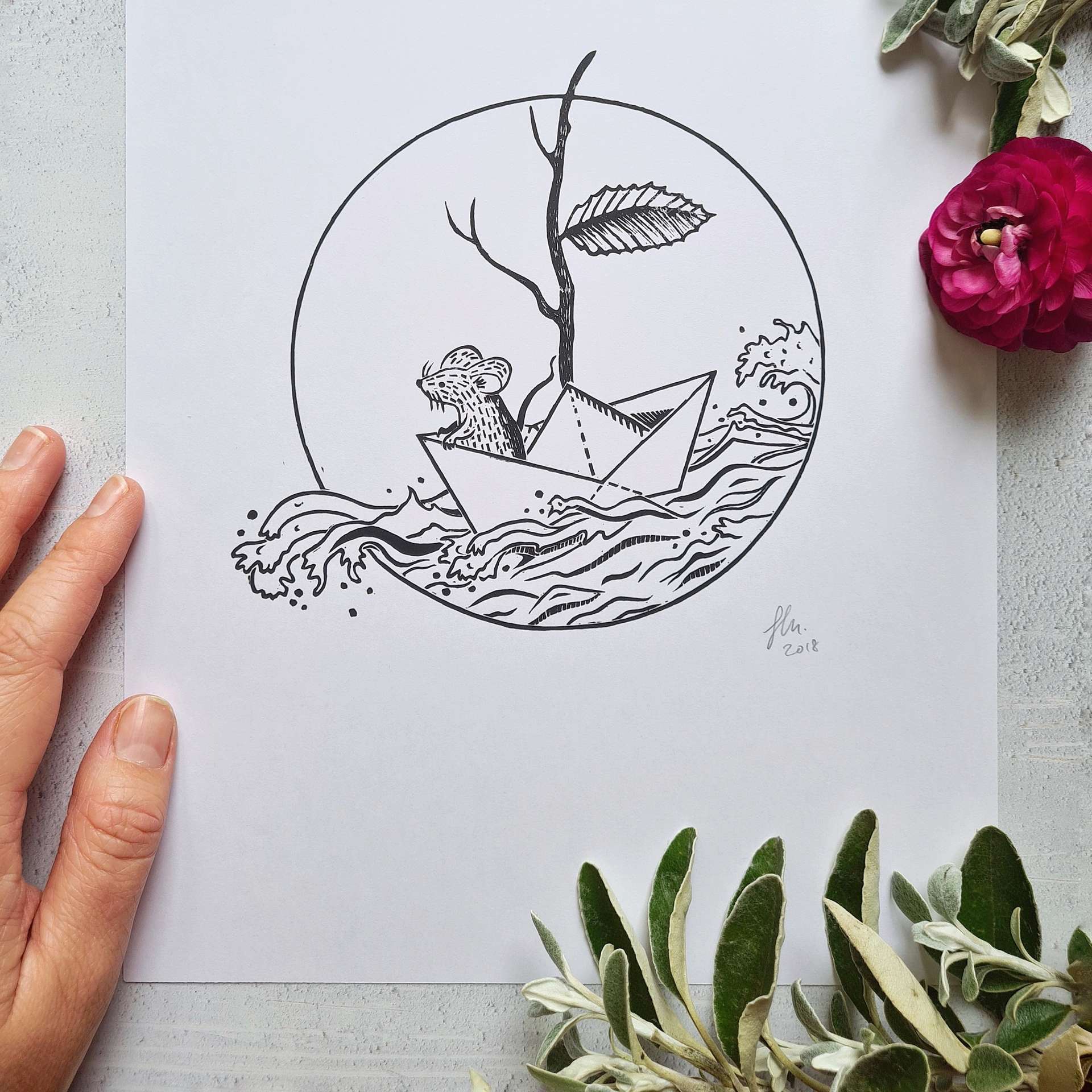 Sailing Mouse Lino Print