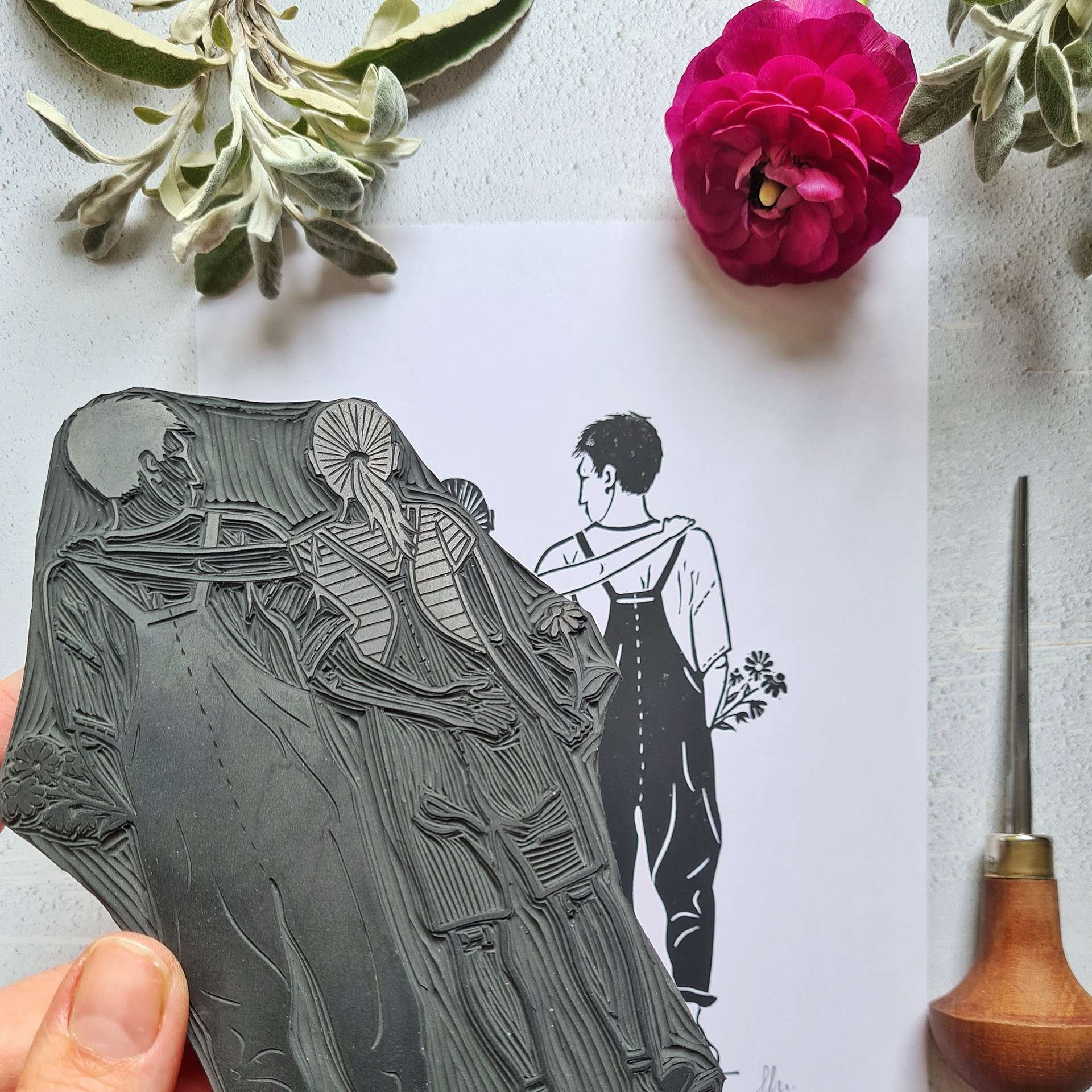 Flower Power Couple Lino Print