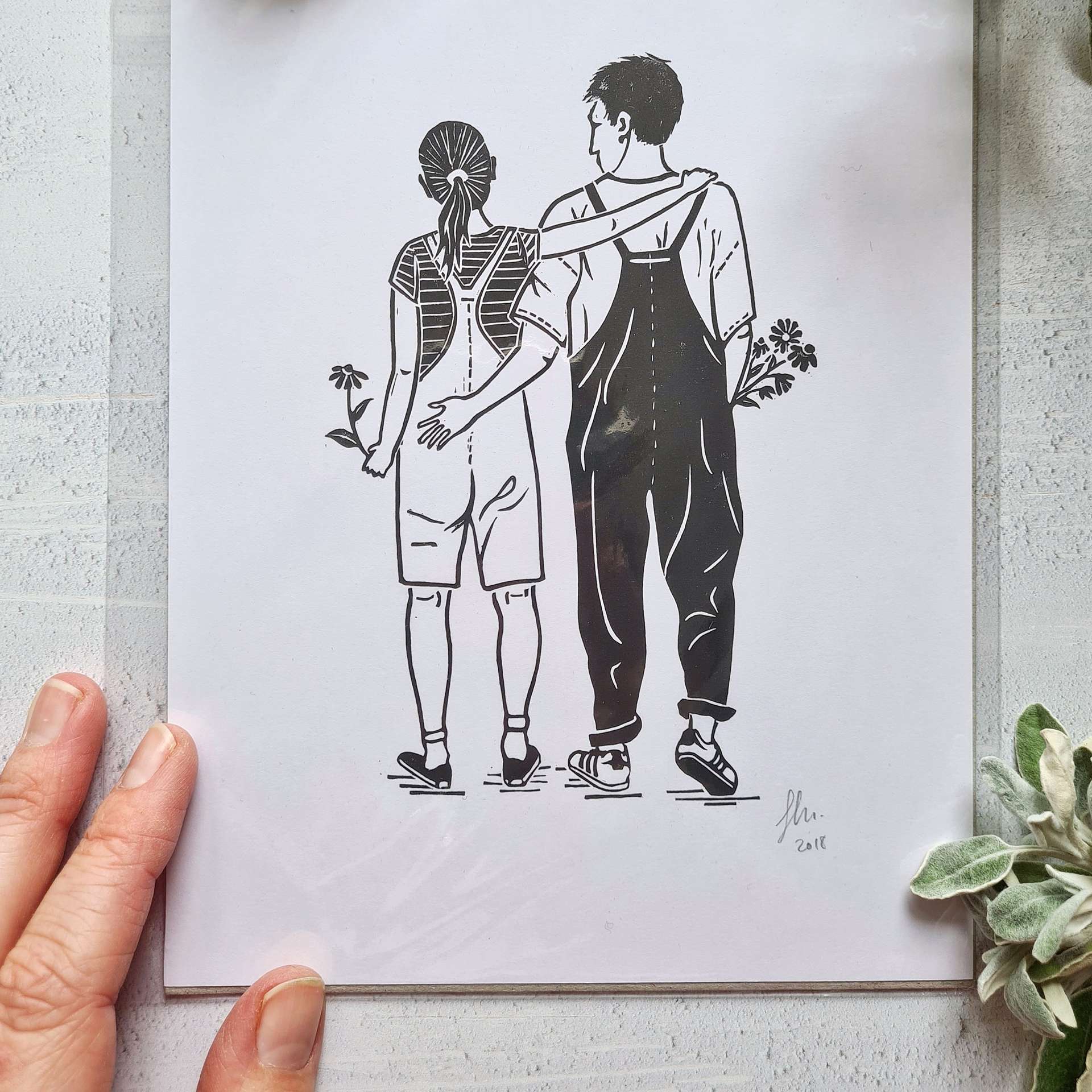 Flower Power Couple Lino Print