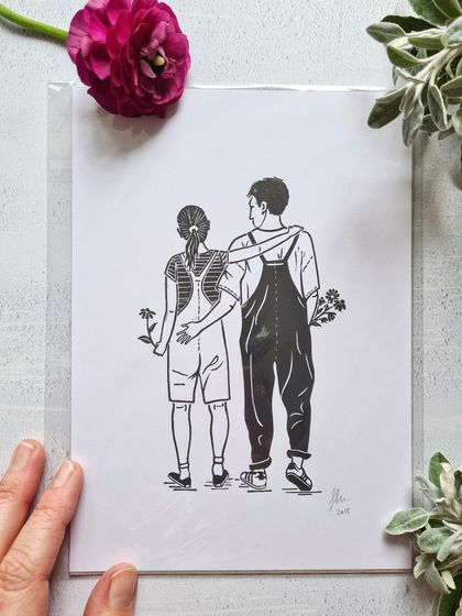 Flower Power Couple Lino Print