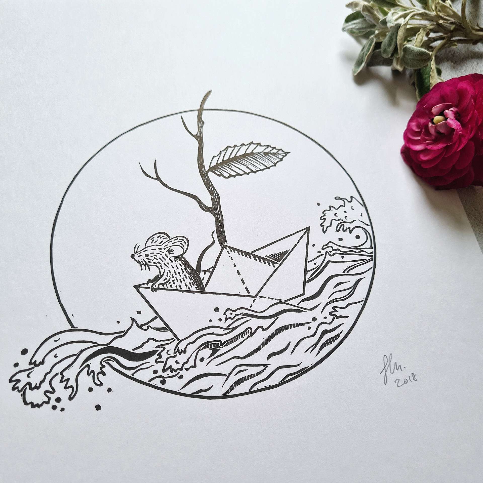 Sailing Mouse Lino Print