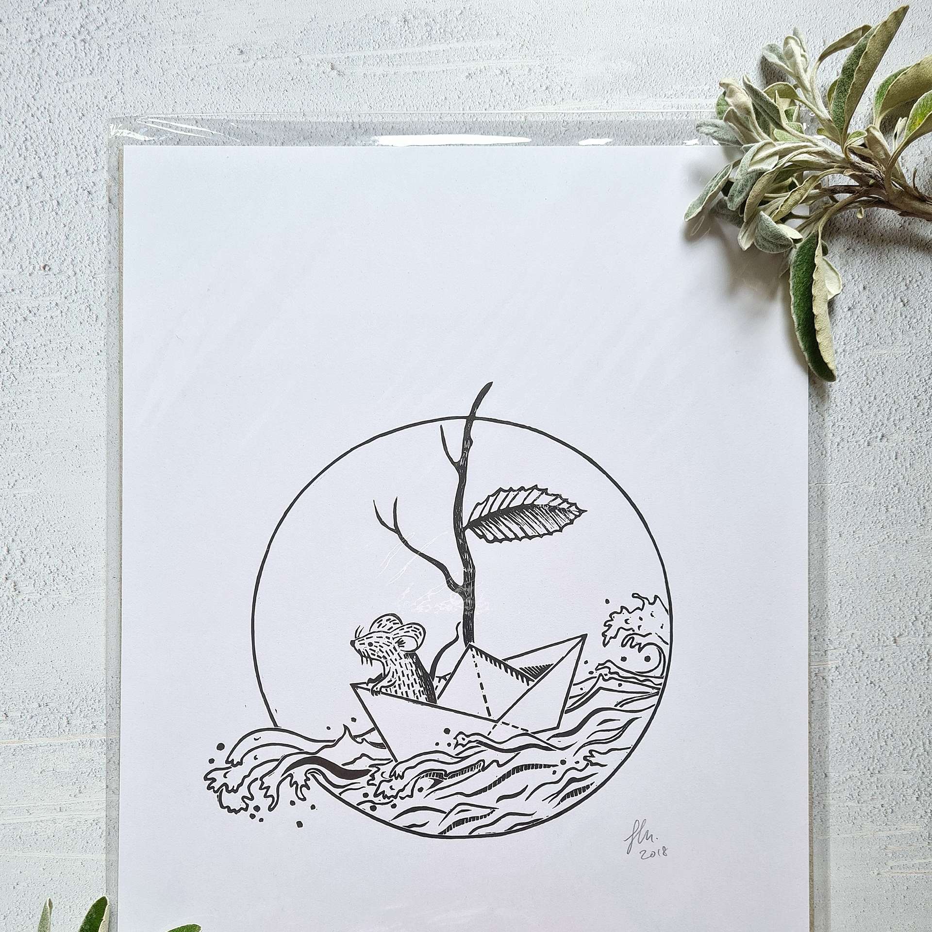Sailing Mouse Lino Print