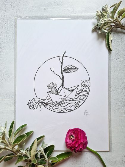 Sailing Mouse Lino Print