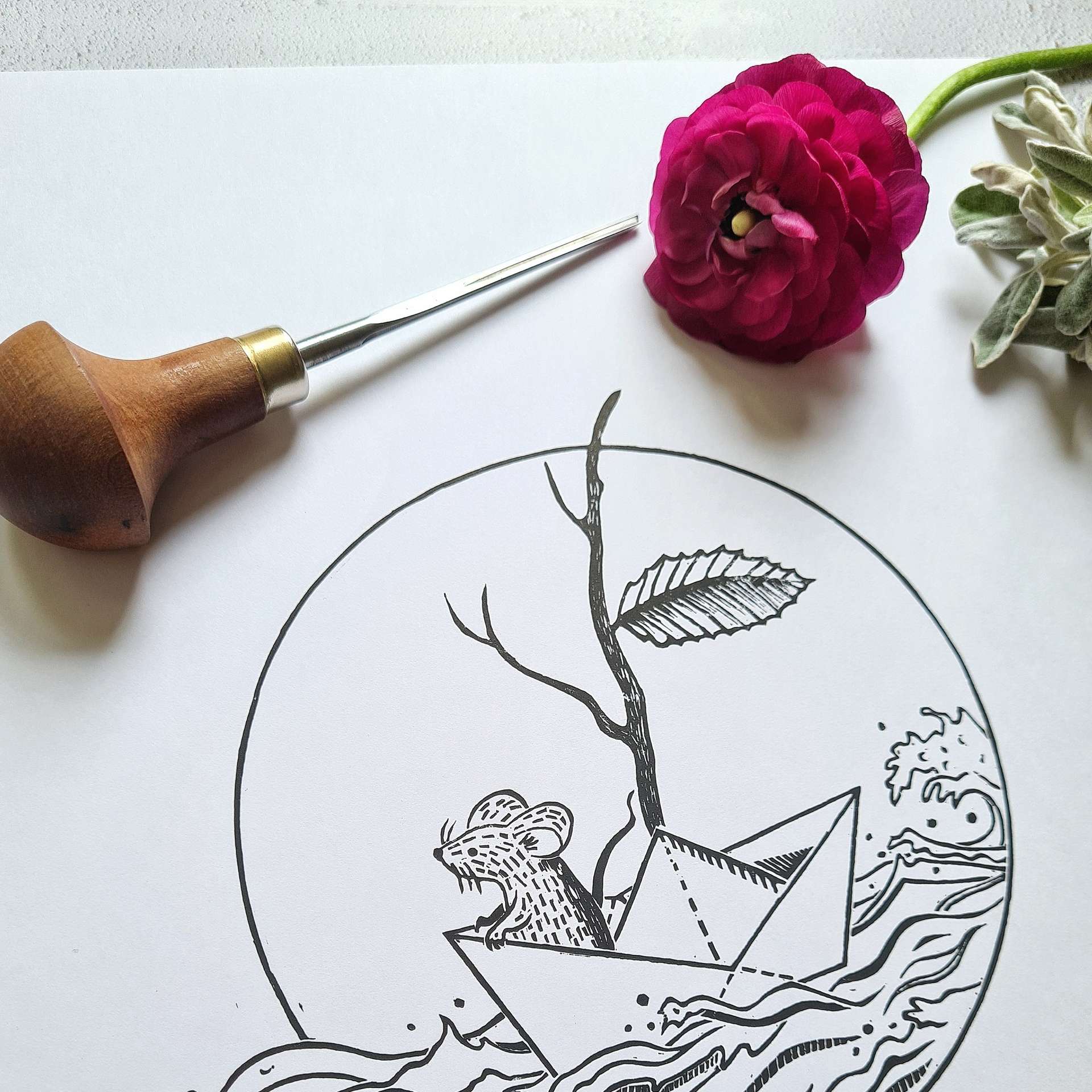 Sailing Mouse Lino Print