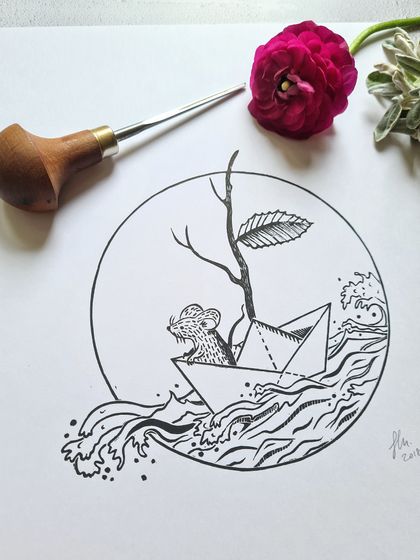 Sailing Mouse Lino Print