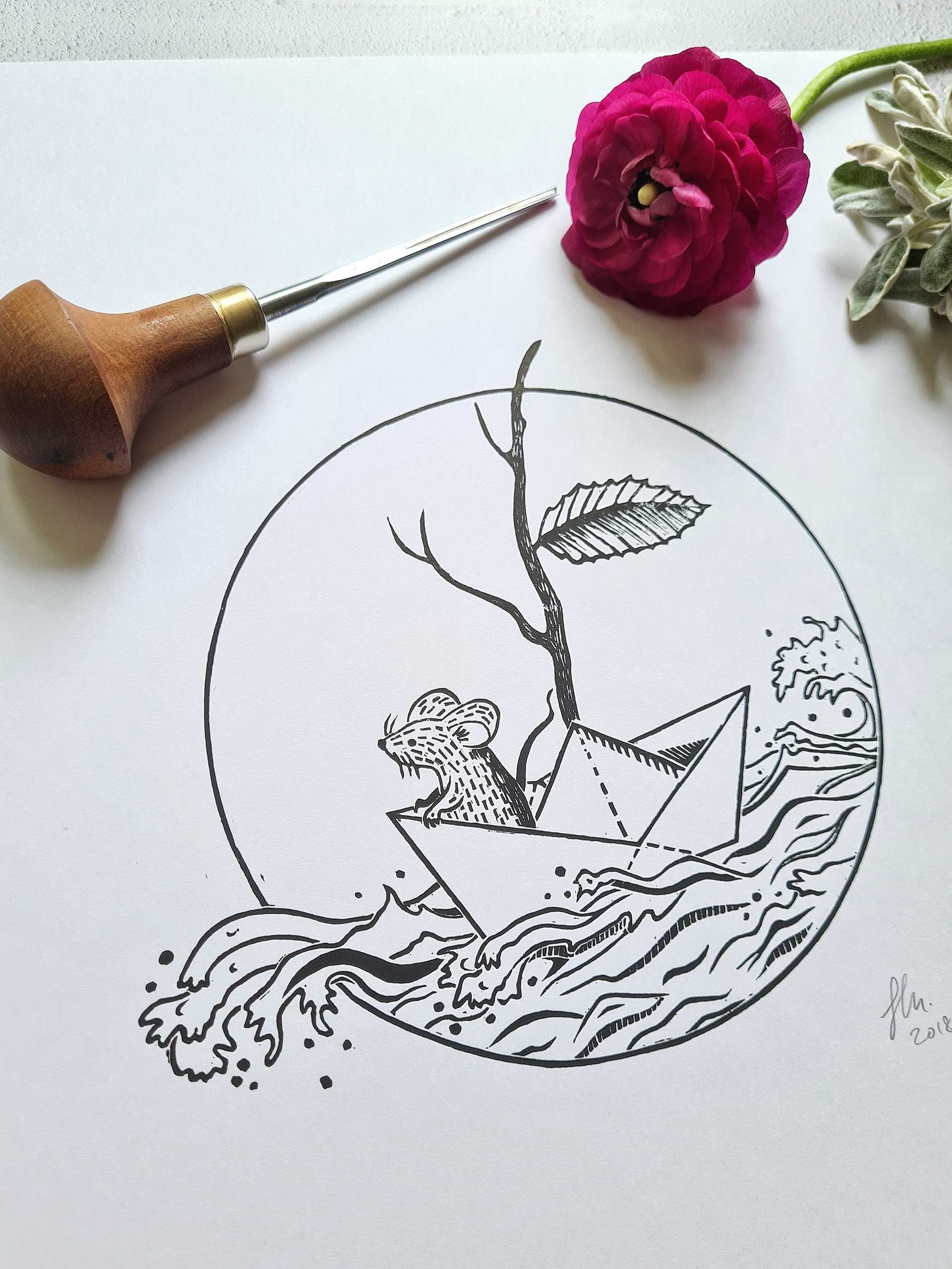 Sailing Mouse Lino Print
